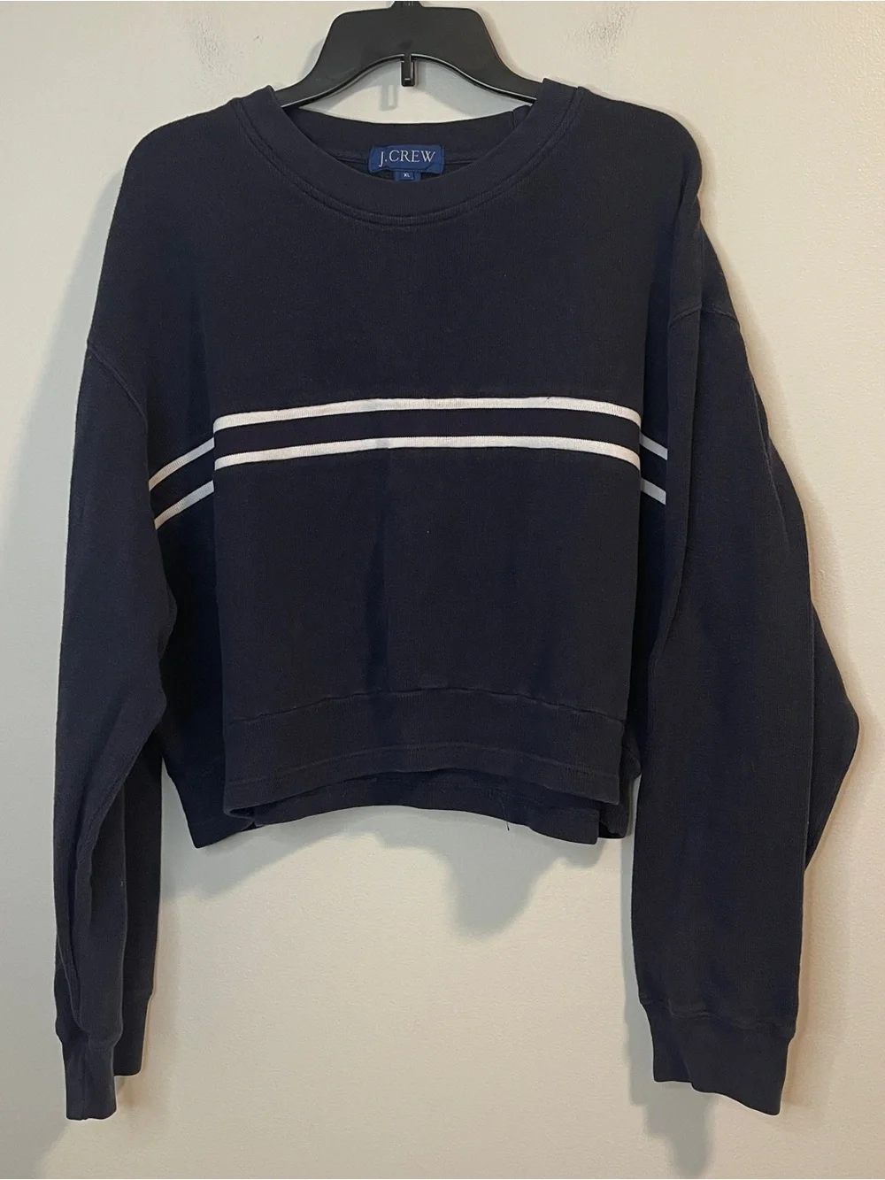J. Crew Navy Cropped Crewneck Sweatshirt with White Stripes